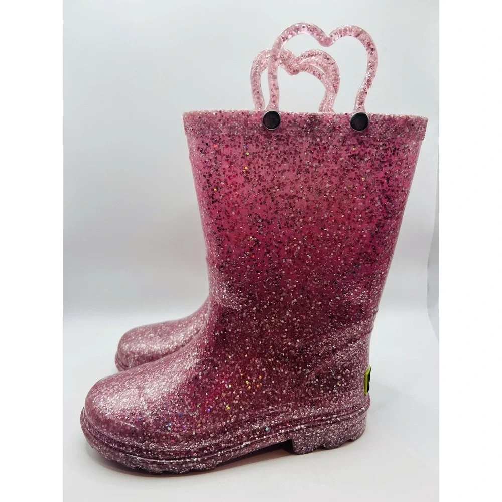 Western Chief Abby Pink Glitter Rain Boots Waterproof Pull On Kids US 11 Sparkle
